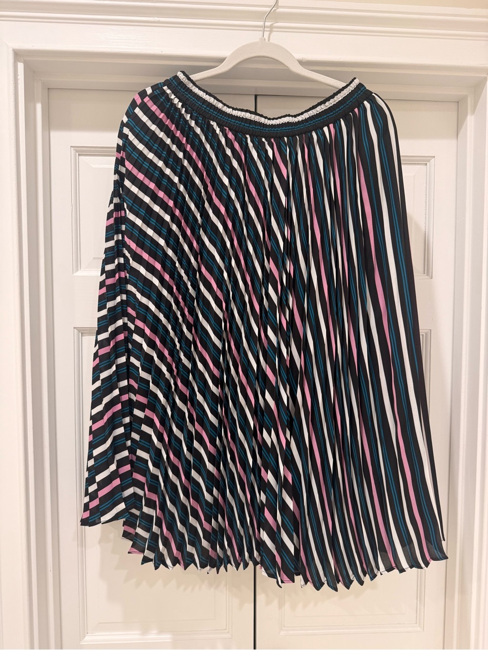 Halogen Black, Pink & Blue Striped Pleated Midi Skirt